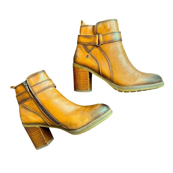 Pikolinos Leather Ankle Boots Cognac Brown Block Heel Zip Strap Detail Size 39 - Picture 4 of 12